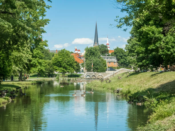 istock Summer In The Park, Flowing Stream, Steeples and Canada Geese 810919646