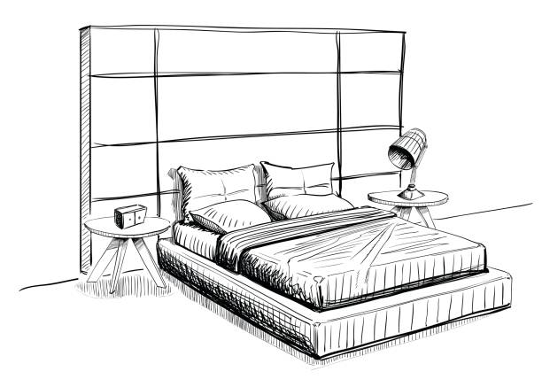 Bed at interior. Vector illustration- bed at interior bedroom drawings stock illustrations