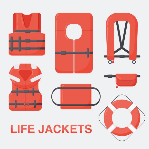 illustrazioni stock, clip art, cartoni animati e icone di tendenza di set piatto vettoriale del giubbotto di salvataggio - life jacket life belt buoy float