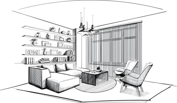stockillustraties, clipart, cartoons en iconen met moderne woonkamer interieur schets. - binnenopname