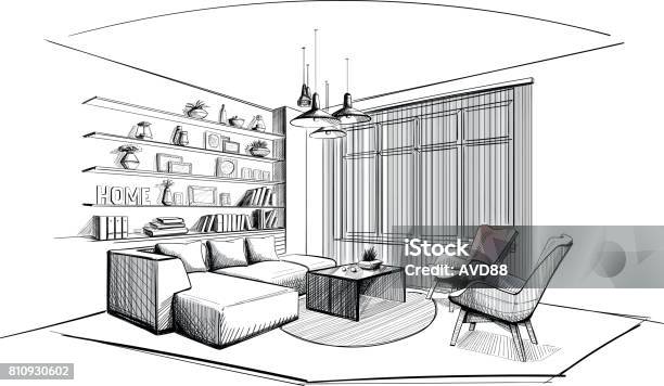 Modern Living Room Interior Sketch Stock Illustration - Download Image Now - Indoors, Plan - Document, Sketch