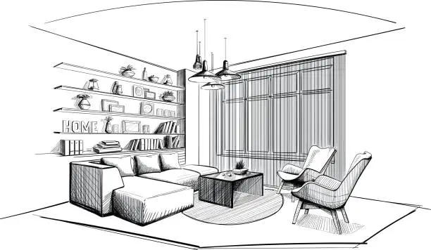 Vector illustration of Modern Living room interior sketch.