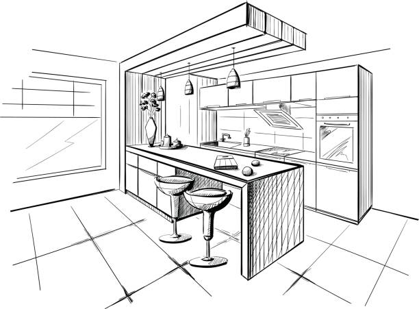 ilustraciones, imágenes clip art, dibujos animados e iconos de stock de boceto interior de la moderna cocina con isla. - plan house home interior planning