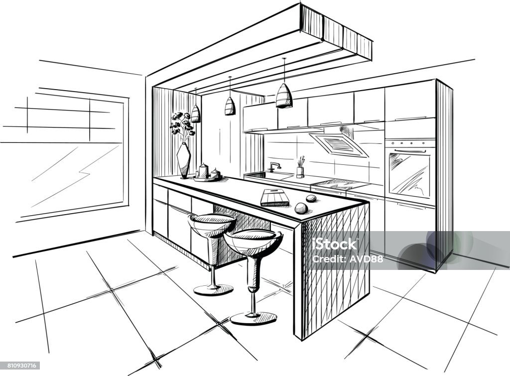 Interior sketch of modern kitchen with island. Kitchen stock vector