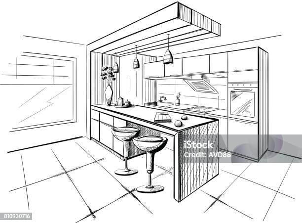 Interior Sketch Of Modern Kitchen With Island Stock Illustration - Download Image Now - Kitchen, Plan - Document, Drawing - Activity