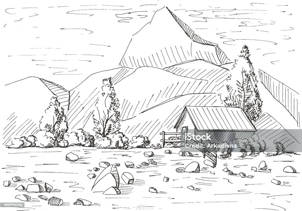 Hand drawn mountain landscape. House on a background of mountains. Vector illustration of a sketch style. Cottage stock vector