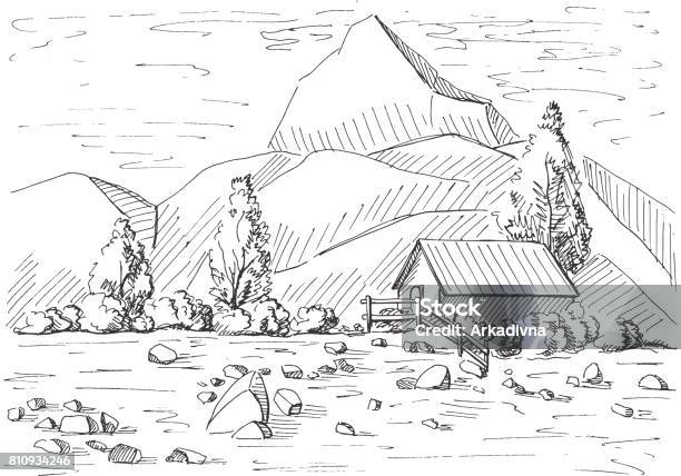 Hand Drawn Mountain Landscape House On A Background Of Mountains Vector Illustration Of A Sketch Style Stock Illustration - Download Image Now