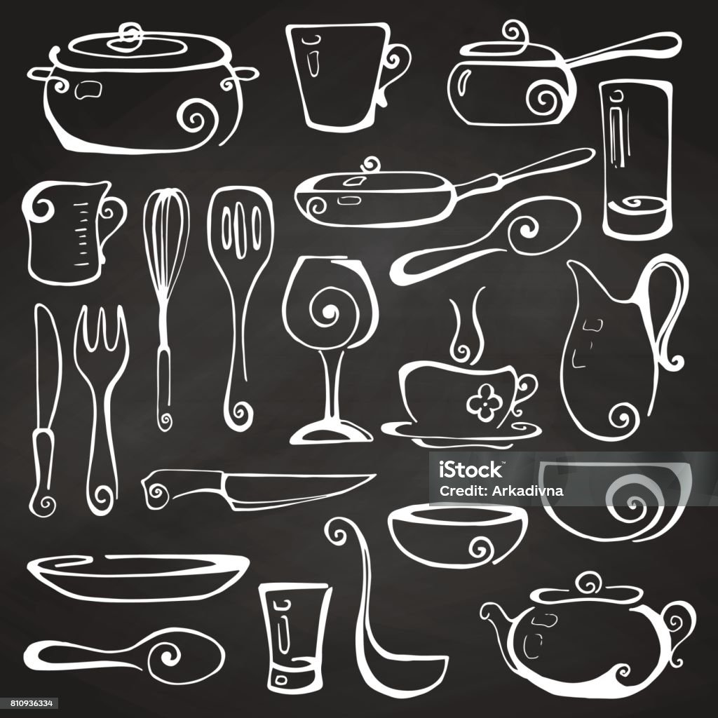 Set of hand drawn cookware on the chalkboard. Vector illustration. Art stock vector