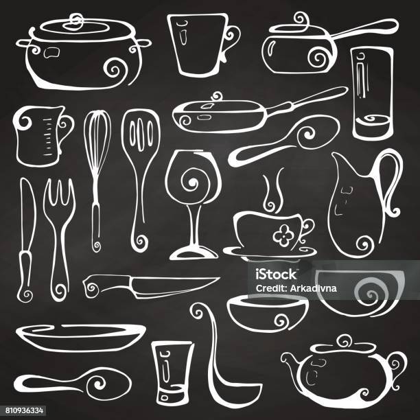 Set Of Hand Drawn Cookware On The Chalkboard Vector Illustration Stock Illustration - Download Image Now