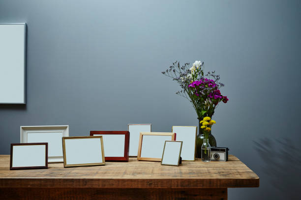 vintage sideboard with bunch of picture frames urban interior design