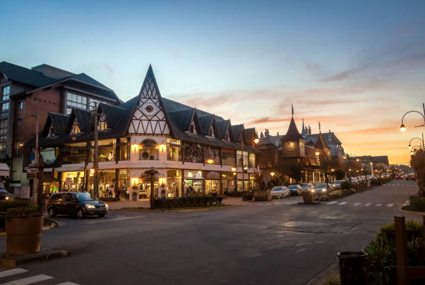 Street and architecture of Gramado city at sunset - Gramado, Rio Grande do Sul, Brazil Street and architecture of Gramado city at sunset - Gramado, Rio Grande do Sul, Brazil architecture built structure building exterior church stock pictures, royalty-free photos & images