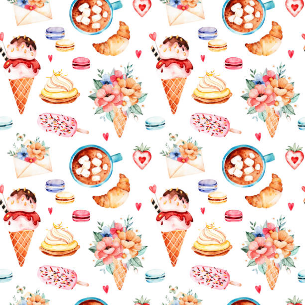 akwarele słodycze tło z lodami, babeczka, bukiet w wafel - seamless croissant pattern ice stock illustrations