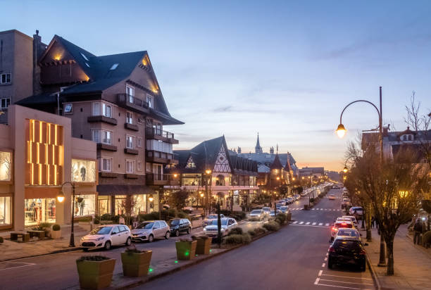 Street and architecture of Gramado city at sunset - Gramado, Rio Grande do Sul, Brazil Street and architecture of Gramado city at sunset - Gramado, Rio Grande do Sul, Brazil gramado photos stock pictures, royalty-free photos & images