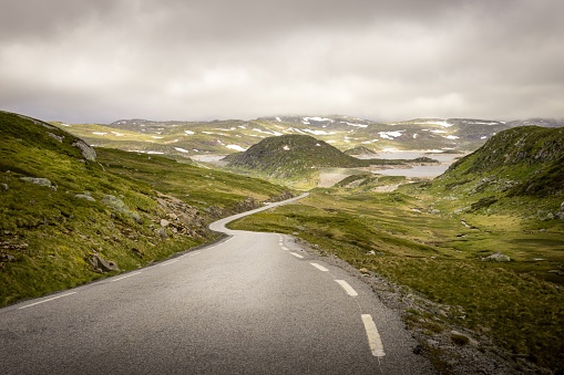 The road over a mountain area called Njardarheim in Norway.
