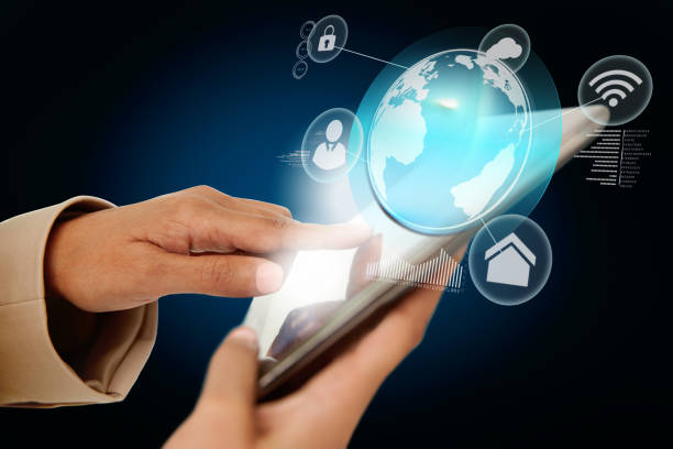 istock Businesswoman touching tablet with interface and earth 810967916