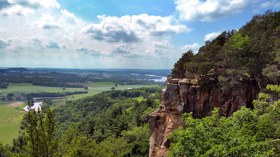 Wide panoramic view of the cliff and Lake Wisconsin just North of Madison, Wisconsin.