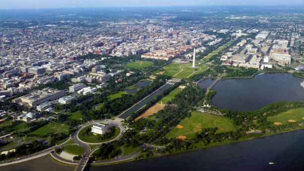 Aerial View of the National Mall in Washington, D.C. Looking over the Potomac River at the Lincoln Memorial, Washington Monument and the United States Capitol. potomac river photos stock pictures, royalty-free photos & images