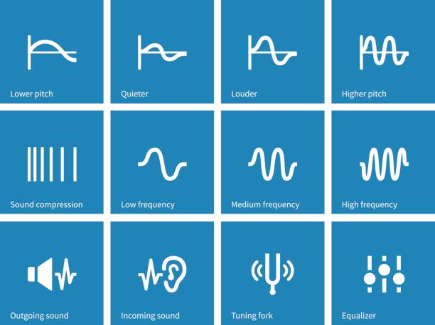 사운드 웨이브는 파란색 배경에 아이콘 종류 - high frequencies stock illustrations
