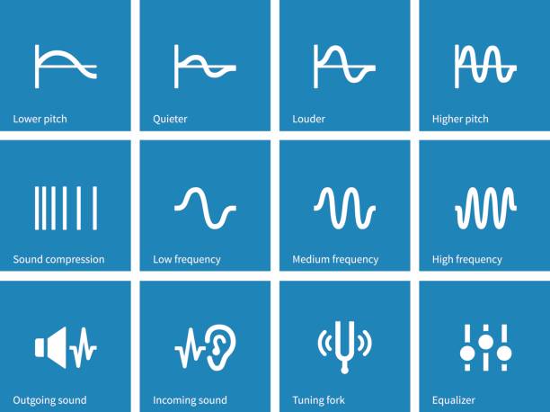 ikony typu fal dźwiękowych na niebieskim tle - high frequencies obrazy stock illustrations