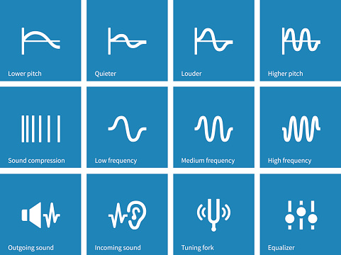 Sound wave types icons on blue background. Vector illustration.