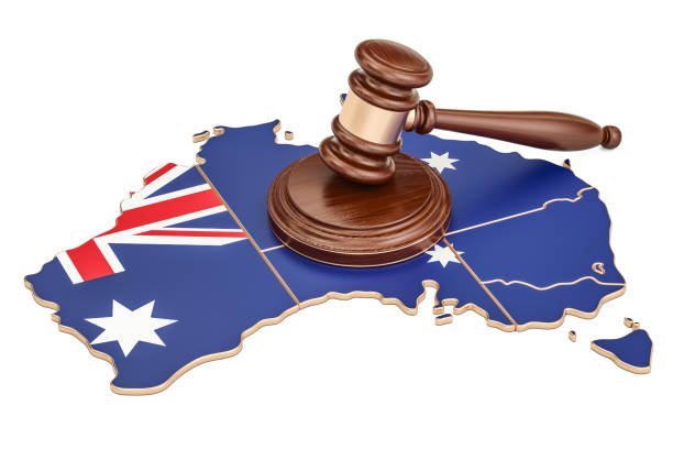 wooden gavel on map of australia, 3d rendering isolated on white background - gavel mallet law legal system imagens e fotografias de stock