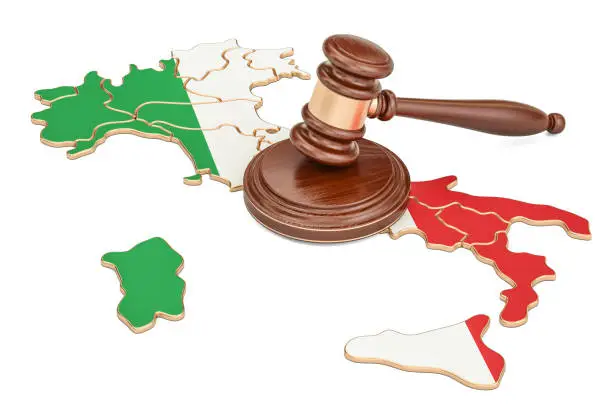 Photo of Wooden Gavel on map of Italy, 3D rendering isolated on white background