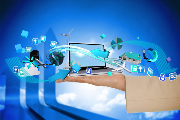 istock Hand presenting laptop and app icons 810982424