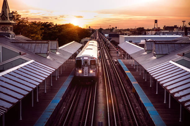Subway train approaching the station in Chicago, USA.
