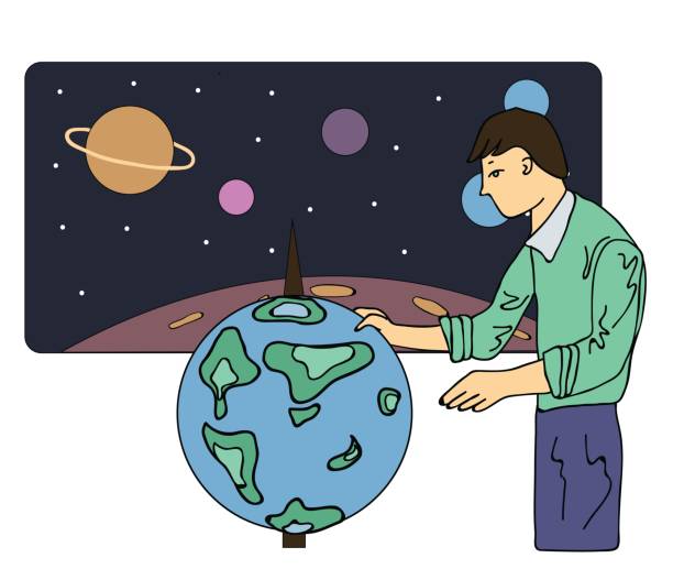 istock Scientist, astronomer or a geographer looks at the globe. Vector illustration, isolated on white background. 810993396