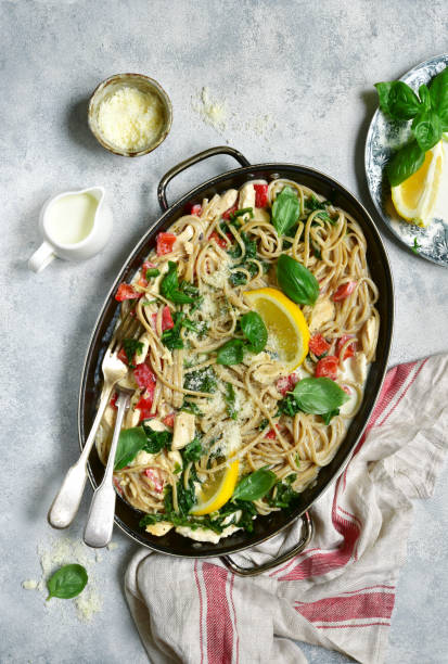 istock Whole wheat pasta with chicken fillet and vegetables 811016822