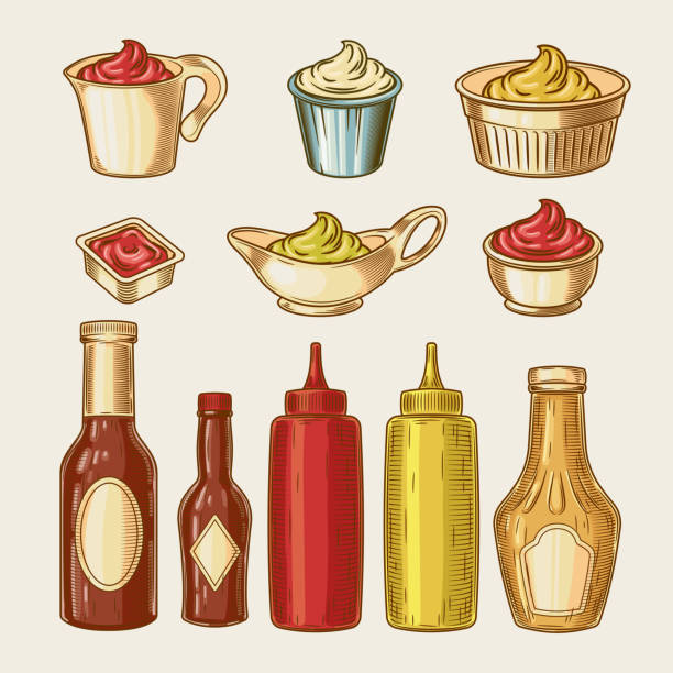 векторная иллюстрация гравюрного стиля различных соусов в кастрюлях и бутылках - mustard bottle sauces condiment stock illustrations