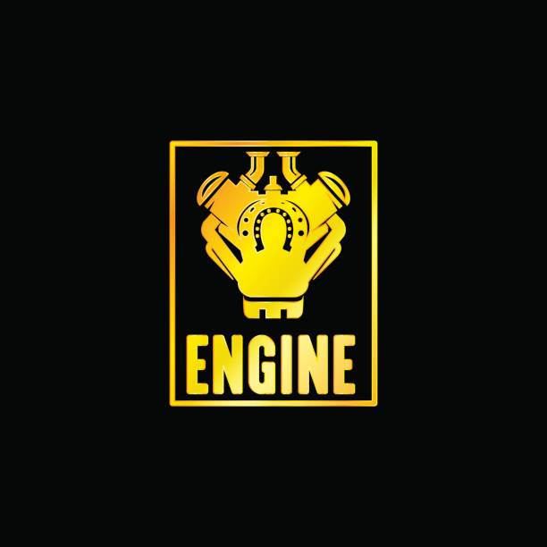emblemat złotego silnika z czarnym tłem - engine hot rod chrome gold stock illustrations