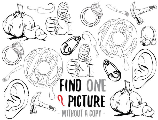 illustrazioni stock, clip art, cartoni animati e icone di tendenza di trova un gioco educativo per immagini - ear exam