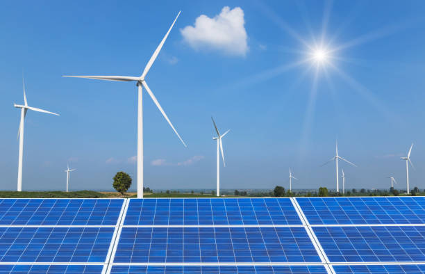 istock solar panels and wind turbines in  power station 811097432