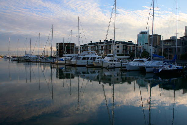 istock Auckland at mirrored reflection dawn dramatic sky, harbor dock with ships and yachts, New Zealand north island, bay of water shore landscape, Northland region, North New Zealand panorama 811127140