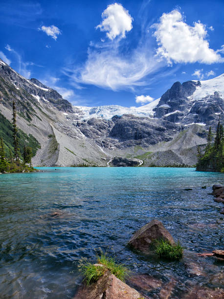 Joffre Lakes in summer in Vertical, BC, Canada Upper Joffre Lake in summer in Pemberton near Whistler, BC, Canada pemberton bc stock pictures, royalty-free photos & images