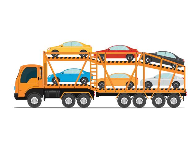 illustrazioni stock, clip art, cartoni animati e icone di tendenza di il rimorchio trasporta auto con nuova auto. - car car transporter carrying transportation