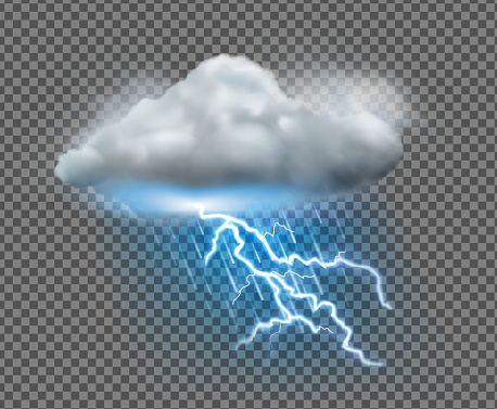 Vector illustration of cool single weather icon with cloud, heavy fall rain and lightning on transparent background