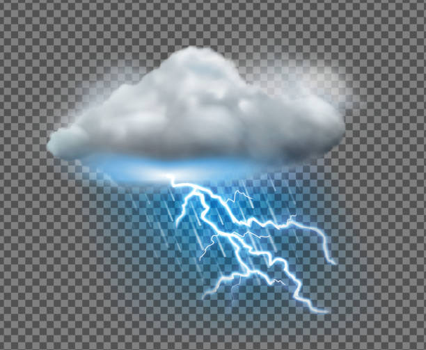 weather icon Vector illustration of cool single weather icon with cloud, heavy fall rain and lightning on transparent background cyclone rain stock illustrations