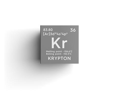 Krypton. Noble gases. Chemical Element of Mendeleev's Periodic Table. Krypton in square cube creative concept.
