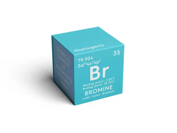 Photo of Bromine. Bromum. Halogens. Chemical Element of Mendeleev's Periodic Table.