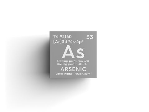 Arsenic. Arsenicum. Metalloids. Chemical Element of Mendeleev's Periodic Table. Arsenic in square cube creative concept.