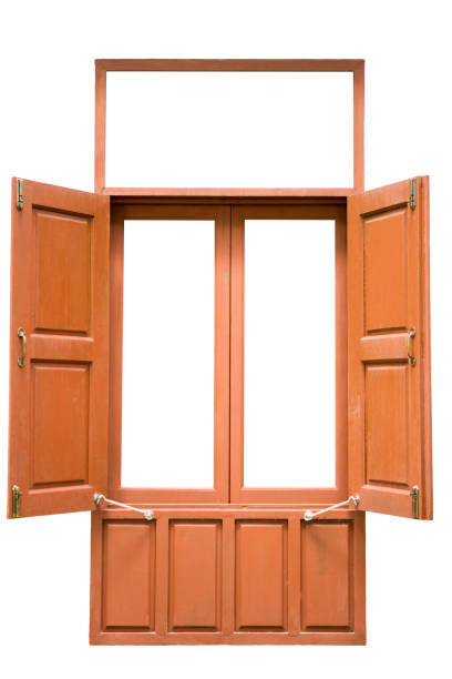 istock Old red wood twin window open isolated on white background 811171120