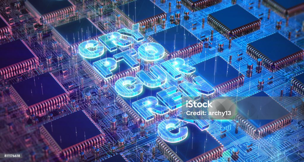 Computer Circuit Board with muliple asic chips and cryptocurrency word. Blockchain Cryptocurrency Mining Concept. 3D render Illustration. Computer Circuit Board with muliple asic chips and cryptocurrency word. Blockchain Cryptocurrency Mining Concept. 3D Illustration. Cryptocurrency Stock Photo