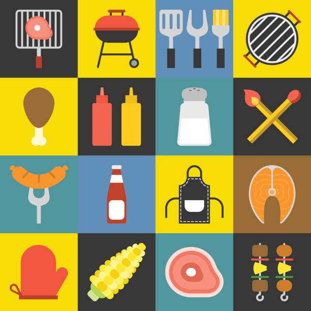 illustrazioni stock, clip art, cartoni animati e icone di tendenza di set di icone barbecue vettoriali - ketch