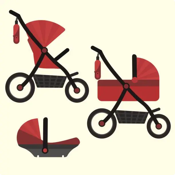 Vector illustration of Flat red baby carriage transformer icon. Vector childrens pram 3 in 1 symbol