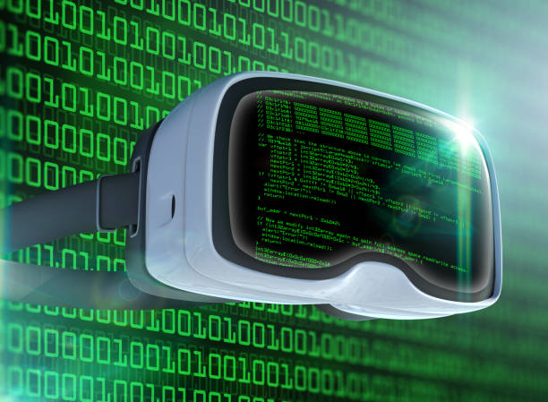istock Virtual reality glasses, futuristic hacker, internet technology and network concept 811214086