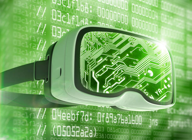 istock Virtual reality glasses, futuristic hacker, internet technology and network concept 811214282