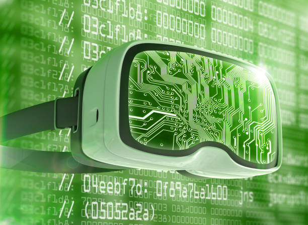 istock Virtual reality glasses, futuristic hacker, internet technology and network concept 811214306