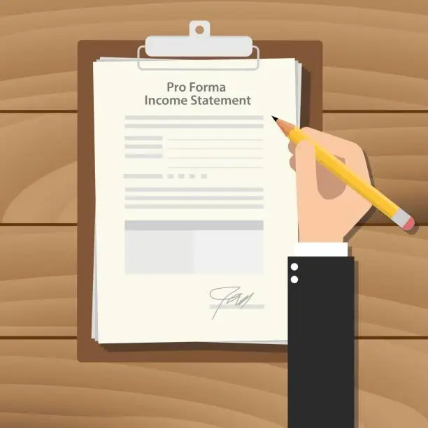 Vector illustration of pro forma income statement illustration with businessman hand signing a paper document on clipboard on top of the wooden table